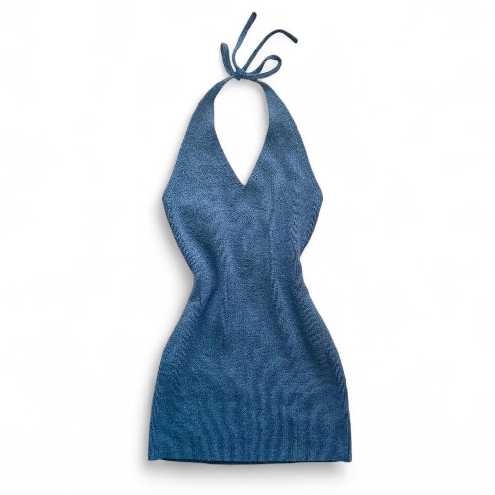 Miss Lola Blue Knit Halter Bodycon Mini Dress Size L